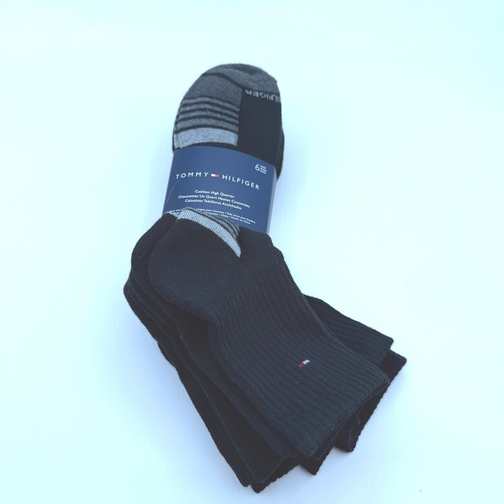 Tommy Hilfiger Socks Mens 7-12 Black Cushion High Quarter 6 Pair Pack NEW